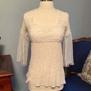 Cream Rebellion Boho Top w Lace Detail and Sheer Sleeves